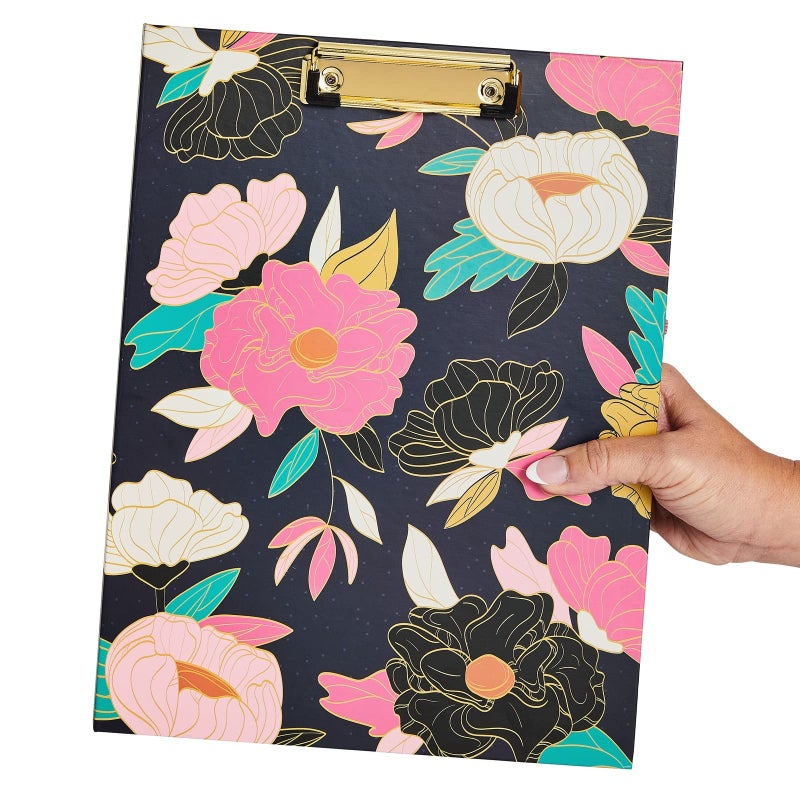 Paper Junkie Floral Clipboard Folder with Notepad & Storage - 13 x 9 in, Black Classic - Low-Profile Clip â€“ Interior Pocket & Pen Loop - Removable Letter-Size Notepad - Image 3